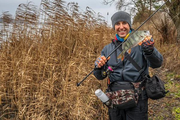 Perch Fishing Happy Smiling Fisherman Hold Fish Tackle Success Fishing — Stock Photo, Image