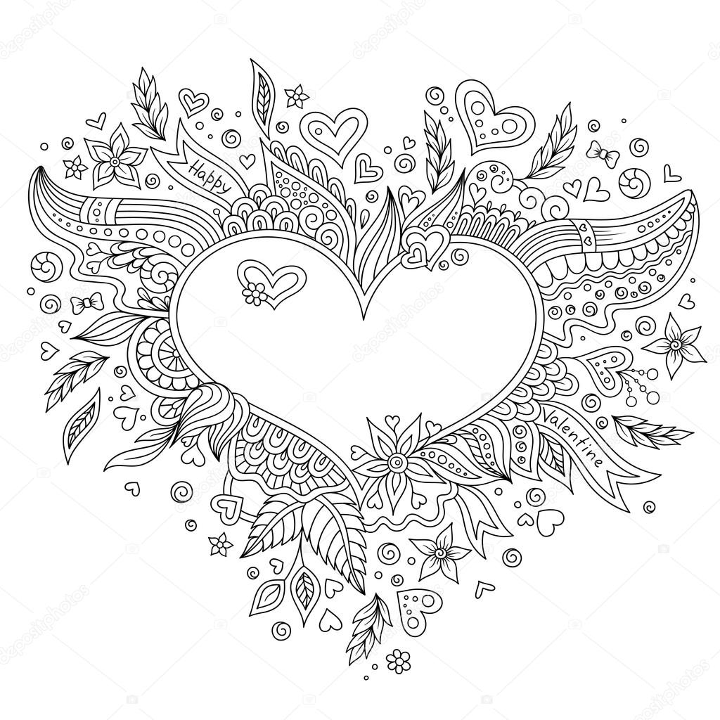 Disegni da colorare cuore fiore pagina mano cartolina d auguri di San Valentino fatto stampa arte digitale Pagina da colorare con dettagli isolato su