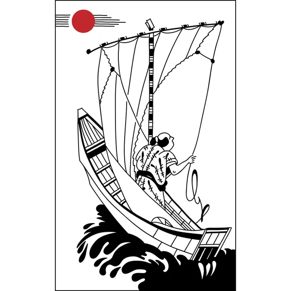 Pêcheur japonais sur un voilier. Vintage dessin à la main art . . — Photo
