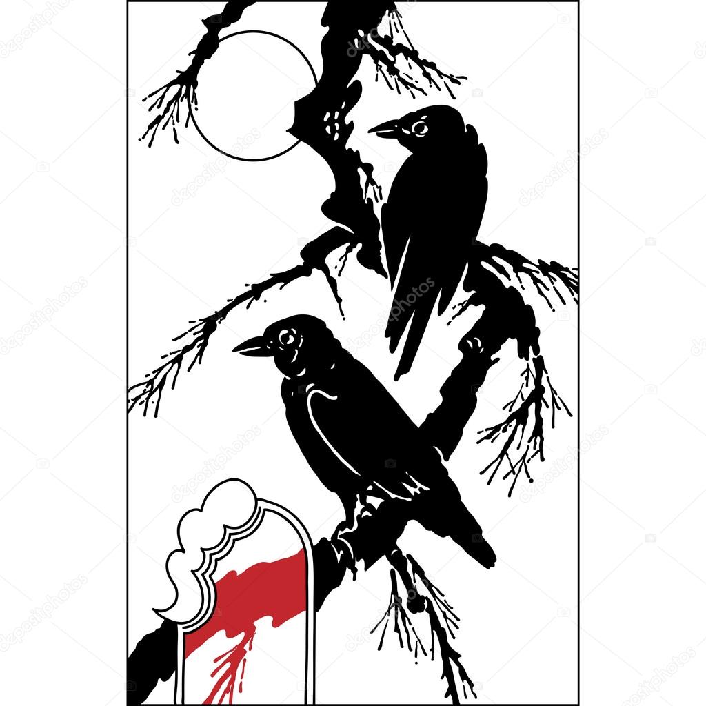 ravens bird on tree branch - black vector silhouette on white.