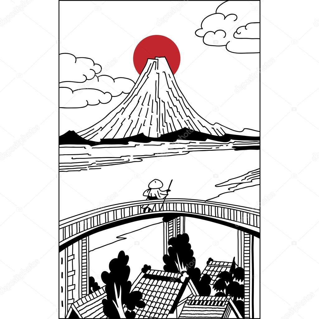 Illustration of Japanese people in Edo period with Fuji mountain