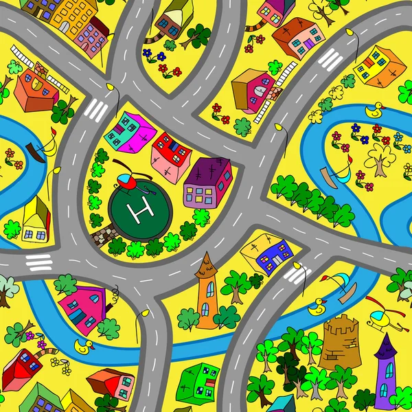 Cartoon mappa modello senza soluzione di continuità. (strade, auto e case ) — Foto Stock