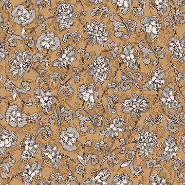 Vintage çiçek raster seamless modeli ile bej flo çizilmiş