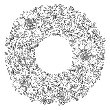 Flowers wreath. Coloring book page for adult. Raster. Hand drawn vintage artwork. Love bohemia concept for wedding invitation, card, ticket, branding, boutique logo, label clipart
