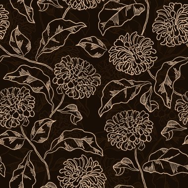 Vintage çiçek seamless modeli çizilmiş dahlia çiçekli.