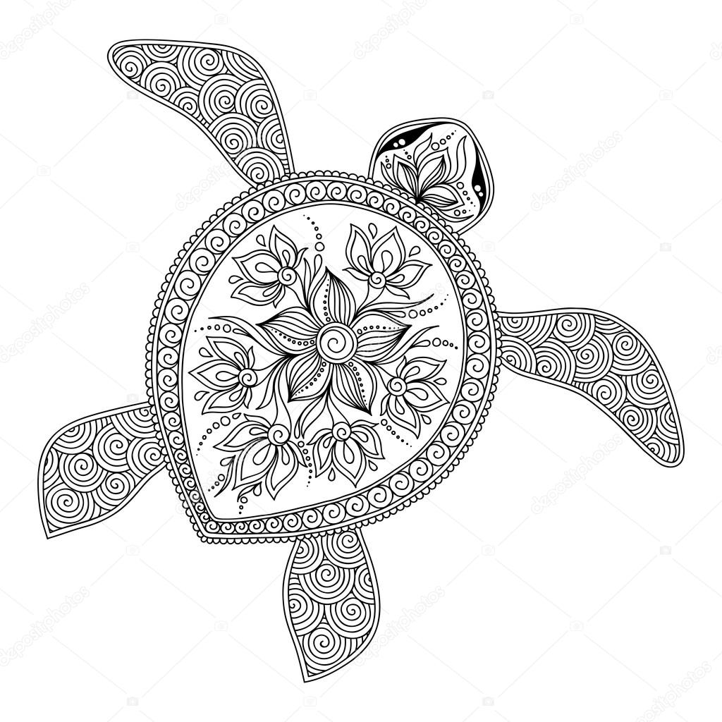 Pattern for coloring book.  Decorative graphic turtle. 