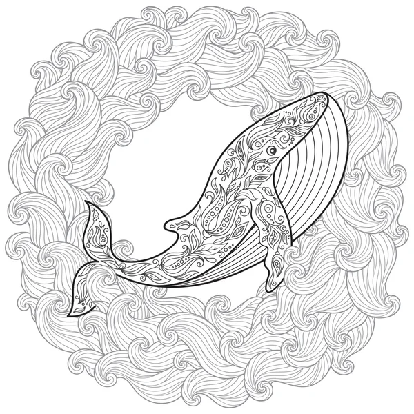 Balena disegnata a mano tra le onde per una colorazione antistress — Foto Stock