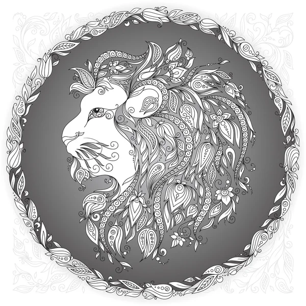 Zodiac sign Leo. This illustration can be used as a greeting card or as a print on T-shirts and bags, tattoo art, coloring books. Decorative Henna Mehndi Tattoo Ethnic Zentangle Doodles style. — Stock Photo, Image