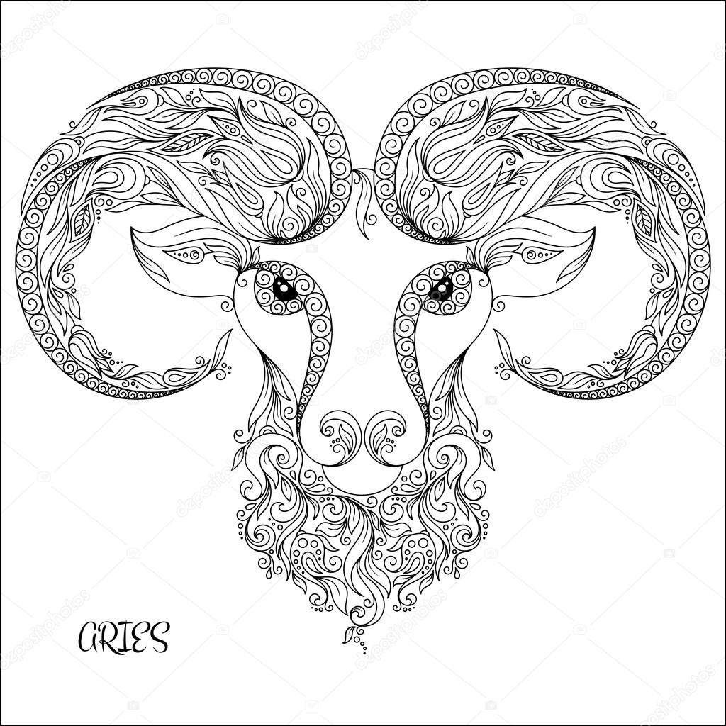 Pattern for coloring book. Hand drawn line flowers art of zodiac Aries. Horoscope symbol for your use. For tattoo art, coloring books set. Henna Mehndi Tattoo Ethnic Zentangle Doodles style.