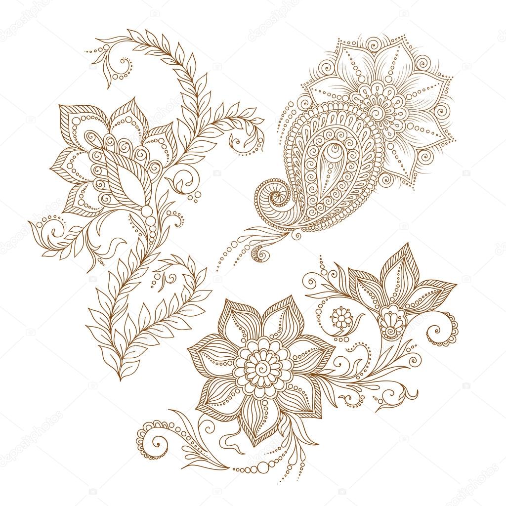 Henna tattoo mehndi doodle  elements . Designs set