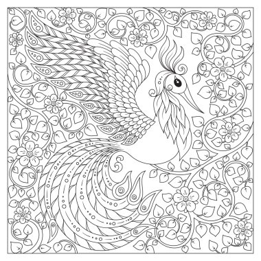 Tavus kuşu. Yetişkin antistress boyama sayfası.
