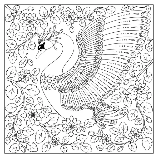 Dibujo a mano cisne artístico en flores para colorear para adultos — Vector de stock