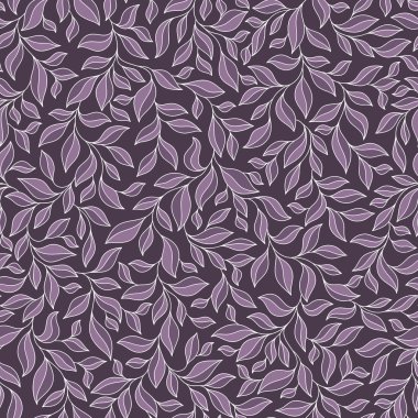 Seamless pattern with violet and pink leaves on dark background.