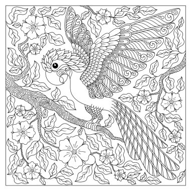 Egzotik kuş, fantastik çiçekler, dalları, yaprakları