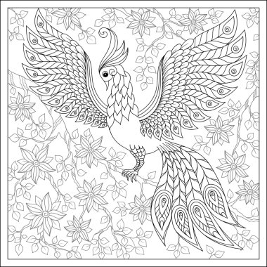 Exotic bird,fantastic flowers,branches, leaves.  Set of illustra