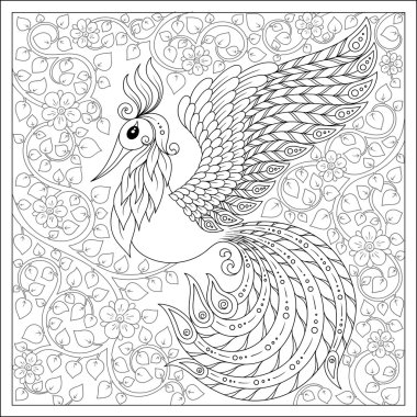 Exotic bird,fantastic flowers,branches, leaves.  Set of illustra