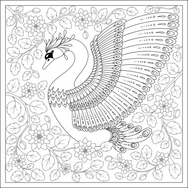 Exotic bird,fantastic flowers,branches, leaves.  Set of illustra