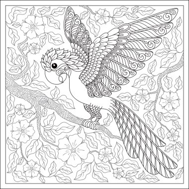 Exotic bird,fantastic flowers,branches, leaves.  Set of illustra