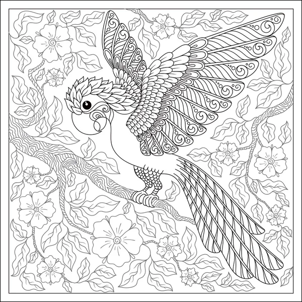 Exotic bird,fantastic flowers,branches, leaves.  Set of illustra