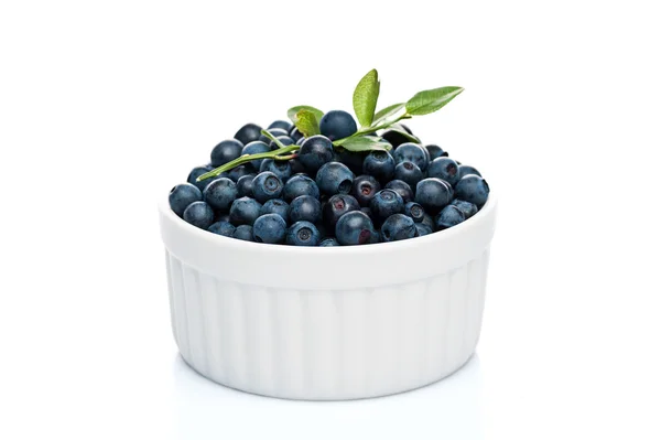 Bilberry fruits at white ceramic cup isolated — Stock Photo, Image