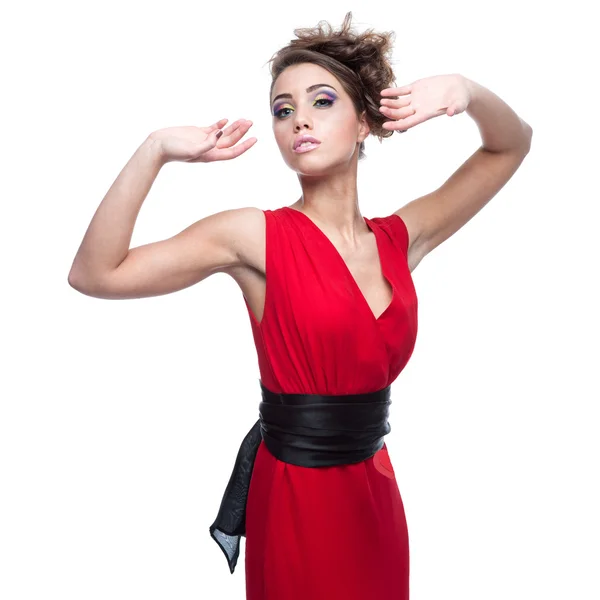 Mujer en vestido rojo sobre fondo corazones rojos —  Fotos de Stock