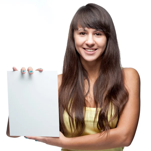 Attractive caucasian girl holding sign — Stock Photo, Image