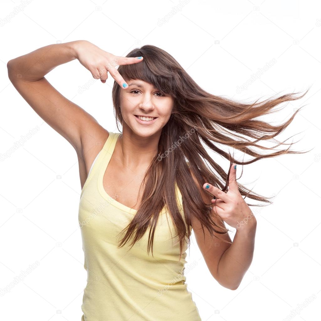 casual girl with blowing hair