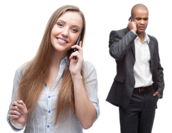 happy smiling business people calling by mobile telephone
