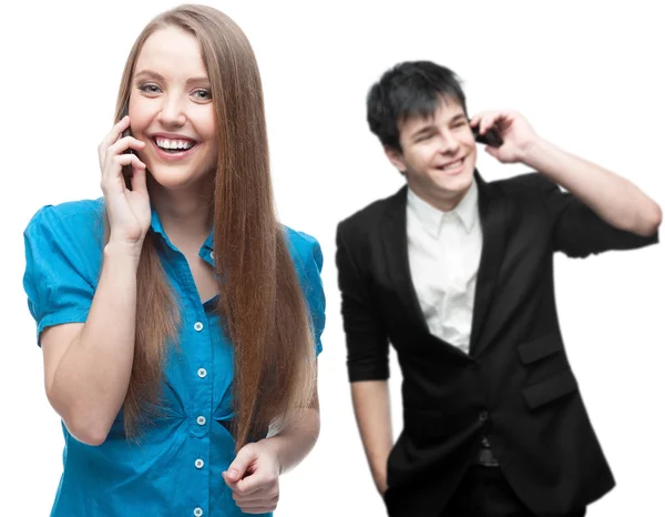 Negócios sorridentes felizes que chamam pelo telefone móvel — Fotografia de Stock