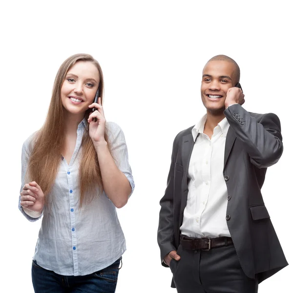 Negócios sorridentes felizes que chamam pelo telefone móvel — Fotografia de Stock
