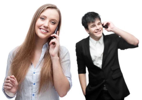Felici uomini d'affari sorridenti che chiamano tramite telefono cellulare — Foto Stock