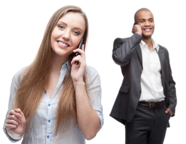 Glada leende business folk ringer av mobiltelefon — Stockfoto