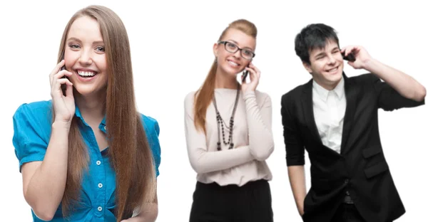 Happy smiling business people calling by mobile telephone — Stock Photo, Image