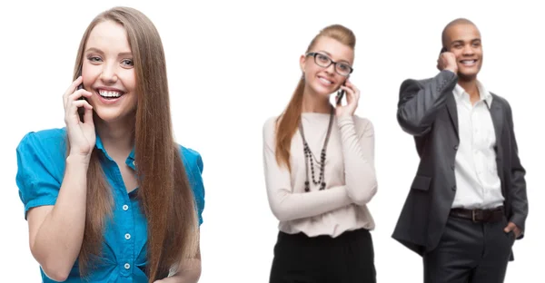 Negócios sorridentes felizes que chamam pelo telefone móvel — Fotografia de Stock