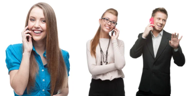 Negócios sorridentes felizes que chamam pelo telefone móvel — Fotografia de Stock