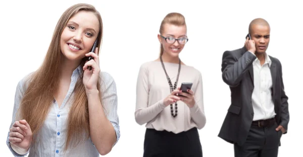 Negócios sorridentes felizes que chamam pelo telefone móvel — Fotografia de Stock