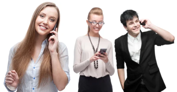 Šťastné usmívající se podnikatelé volání do mobilních sítí — Stock fotografie