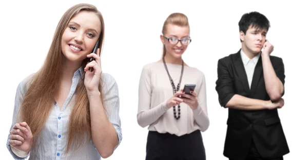 Negócios sorridentes felizes que chamam pelo telefone móvel — Fotografia de Stock