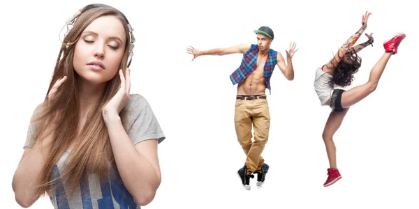 Young woman listening music and two dancers on background — Stock Photo, Image