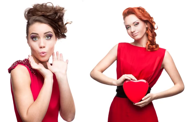 Two young surprised women in red dress — Stock Photo, Image