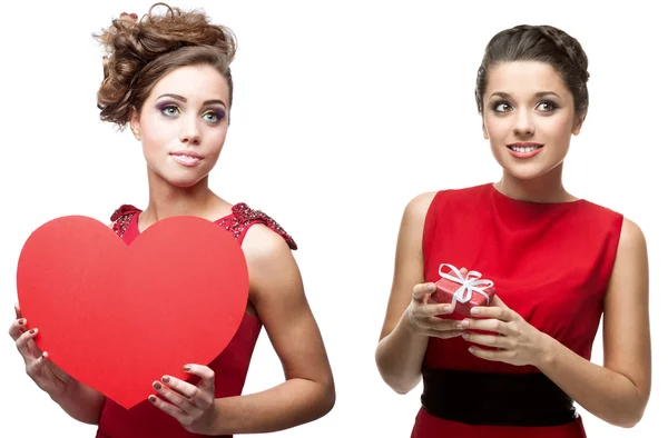 Two young cheerful women in red dress — Stock Photo, Image