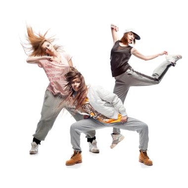 Grup genç femanle hip hop dansçıları beyaz zemin üzerine