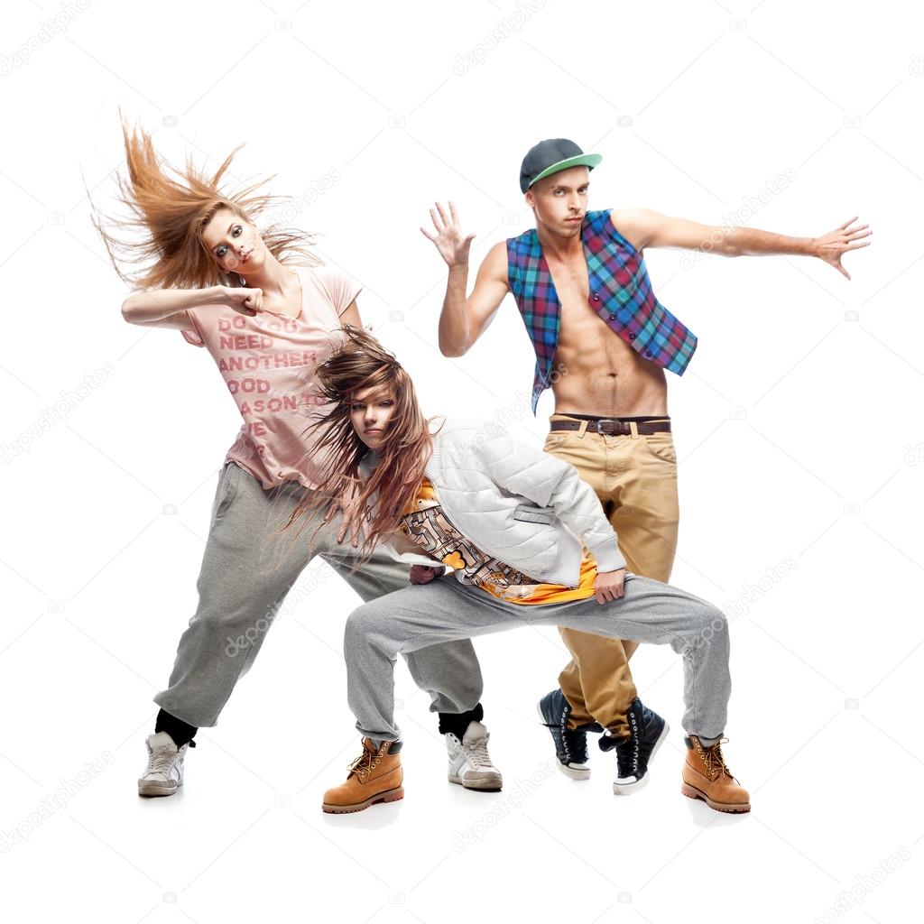 group of young hip hop dancers on white background