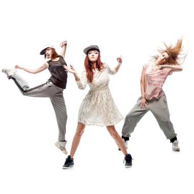 Grup genç femanle hip hop dansçıları beyaz zemin üzerine