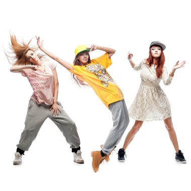 Grup genç femanle hip hop dansçıları beyaz zemin üzerine