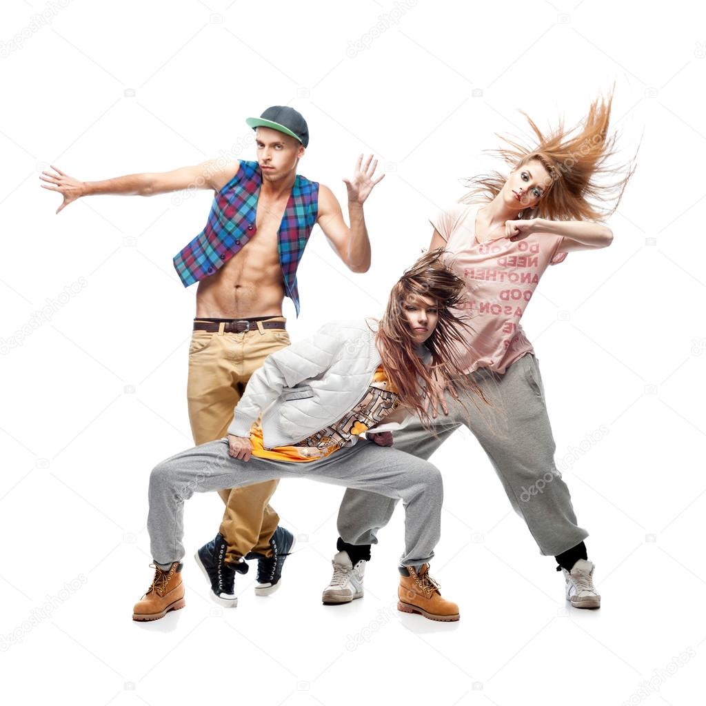 group of young hip hop dancers on white background