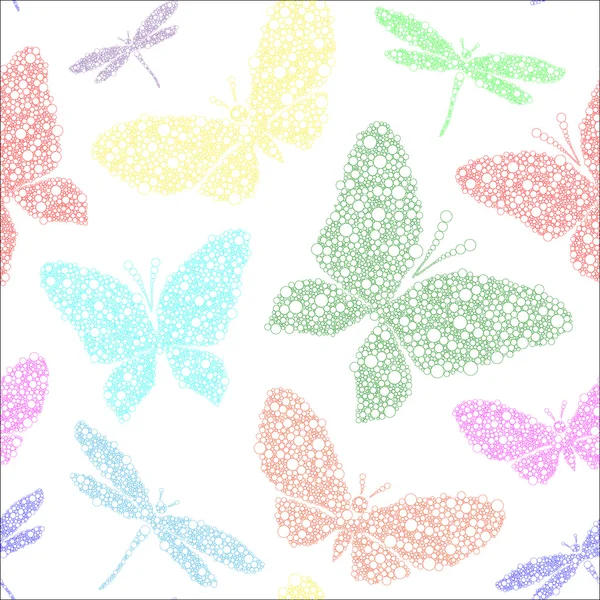 Mariposa colorida y libélula sobre fondo blanco sin costuras — Vector de stock