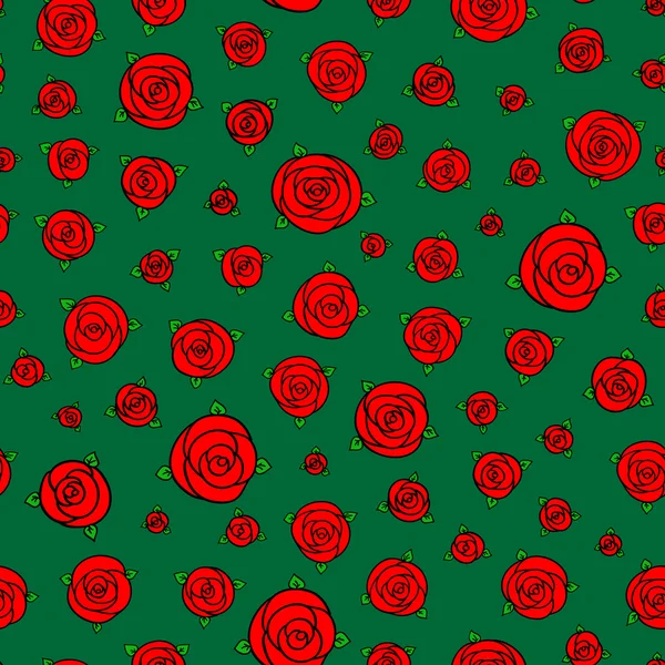 Rote handgezeichnete Karikatur Rosenblüten auf Grün — Stockvektor