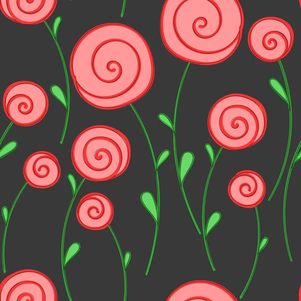 Flores rojas estilizadas redondas sobre un fondo oscuro — Vector de stock