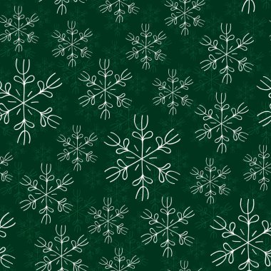 Yeşil arka plan seamless modeli üzerinde beyaz kar taneleri